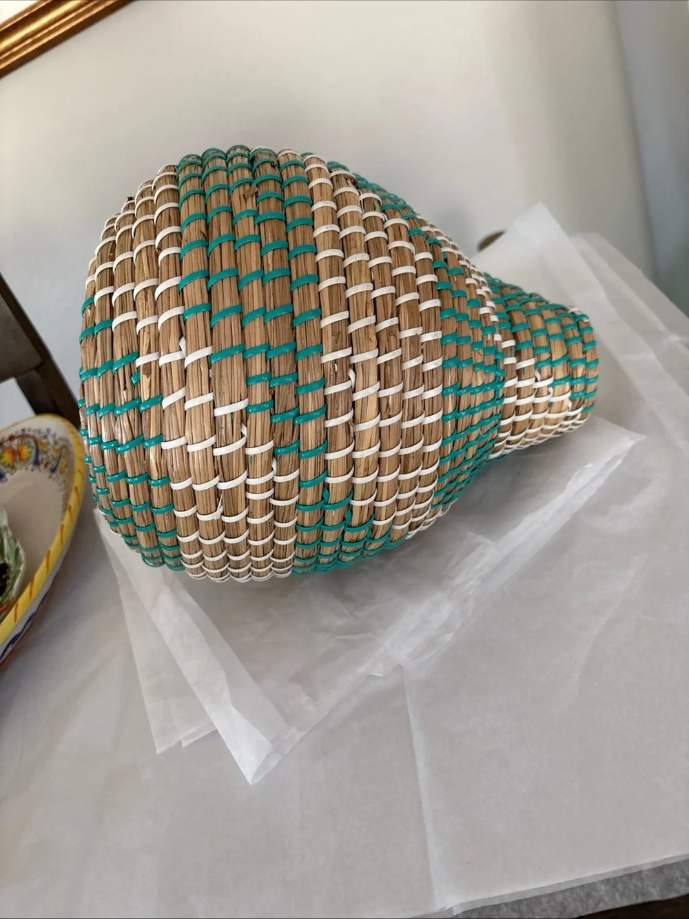 Handwoven Natural, Teal & White Decorative Basket Vase